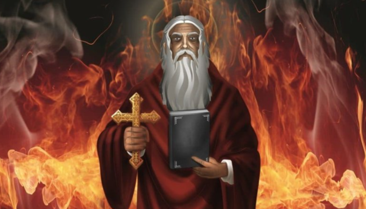 Ilustração com a imagem de São Cipriano segurando um livro preto e uma cruz dourada