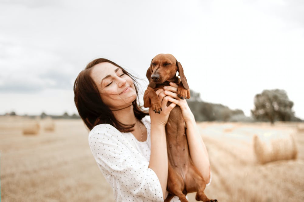 foto mostra uma mulher em um campo segurando um cachorro no colo