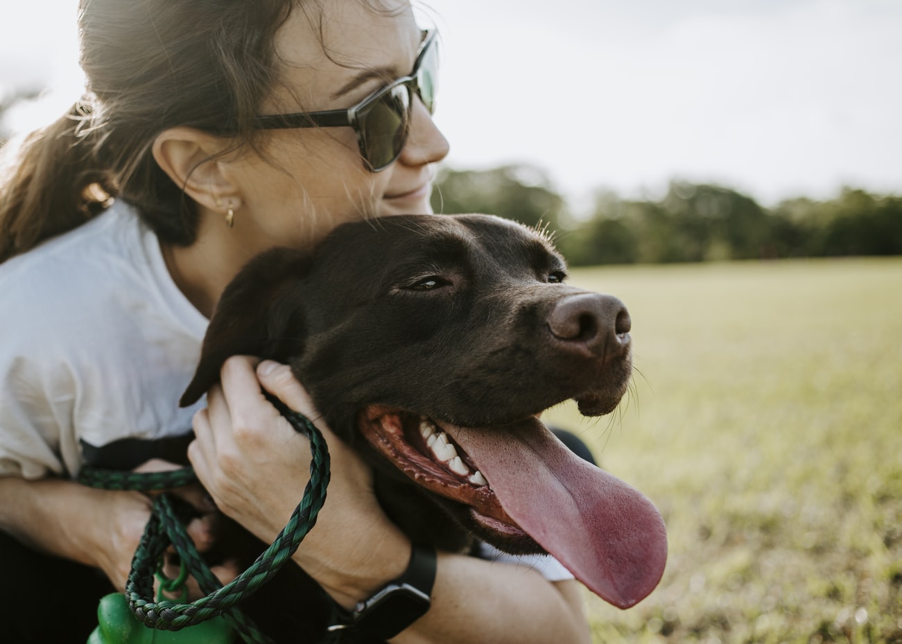 imagem mostra mulher abraçando um cachorro