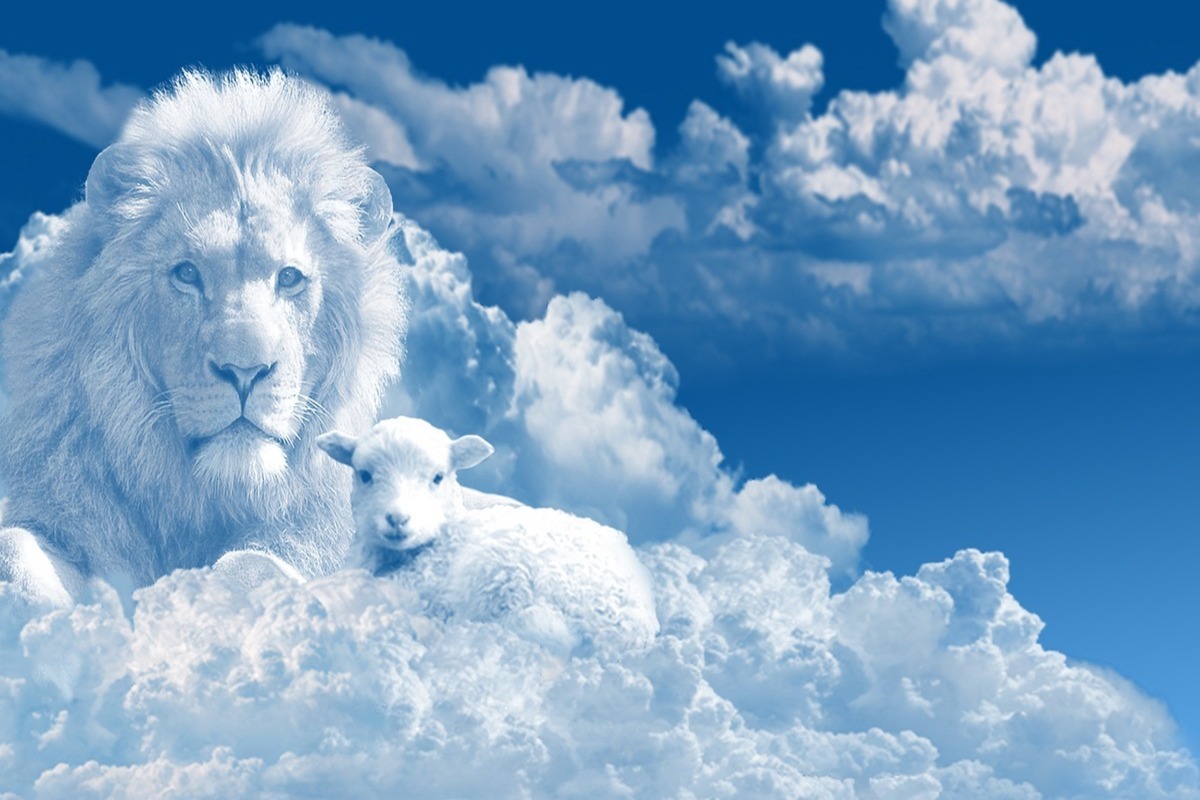 Imagem do céu com nuvens que formam os desenhos de um leão e uma ovelha