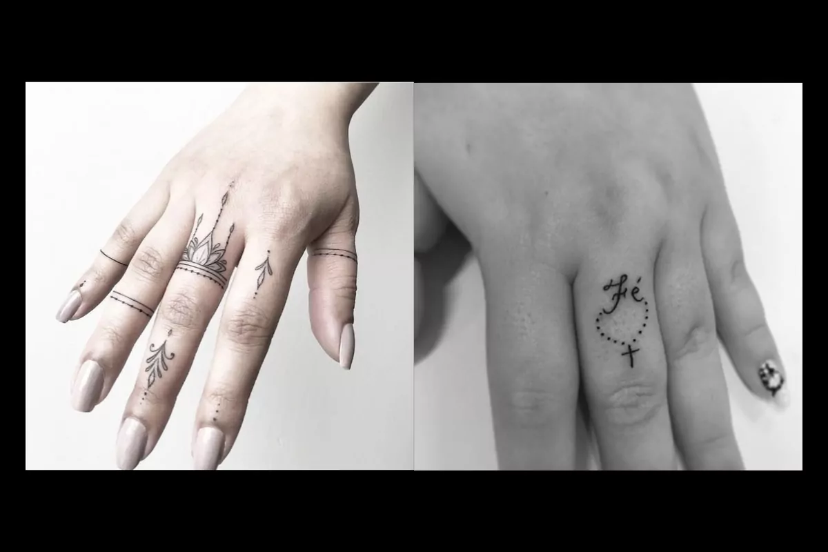Imagem de duas mãos femininas com tatuagem nos dedos