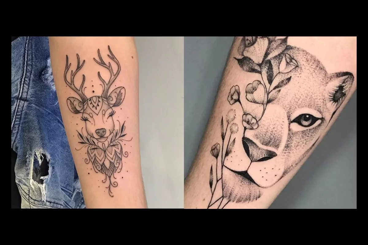 Imagem de dois braços femininos com tatuegens de animais