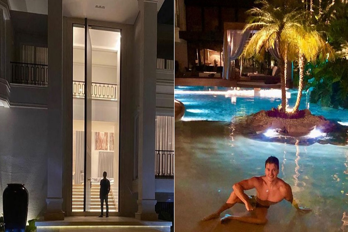 imagem esquerda mostra a frente de uma casa e a imagem direita a área da piscina