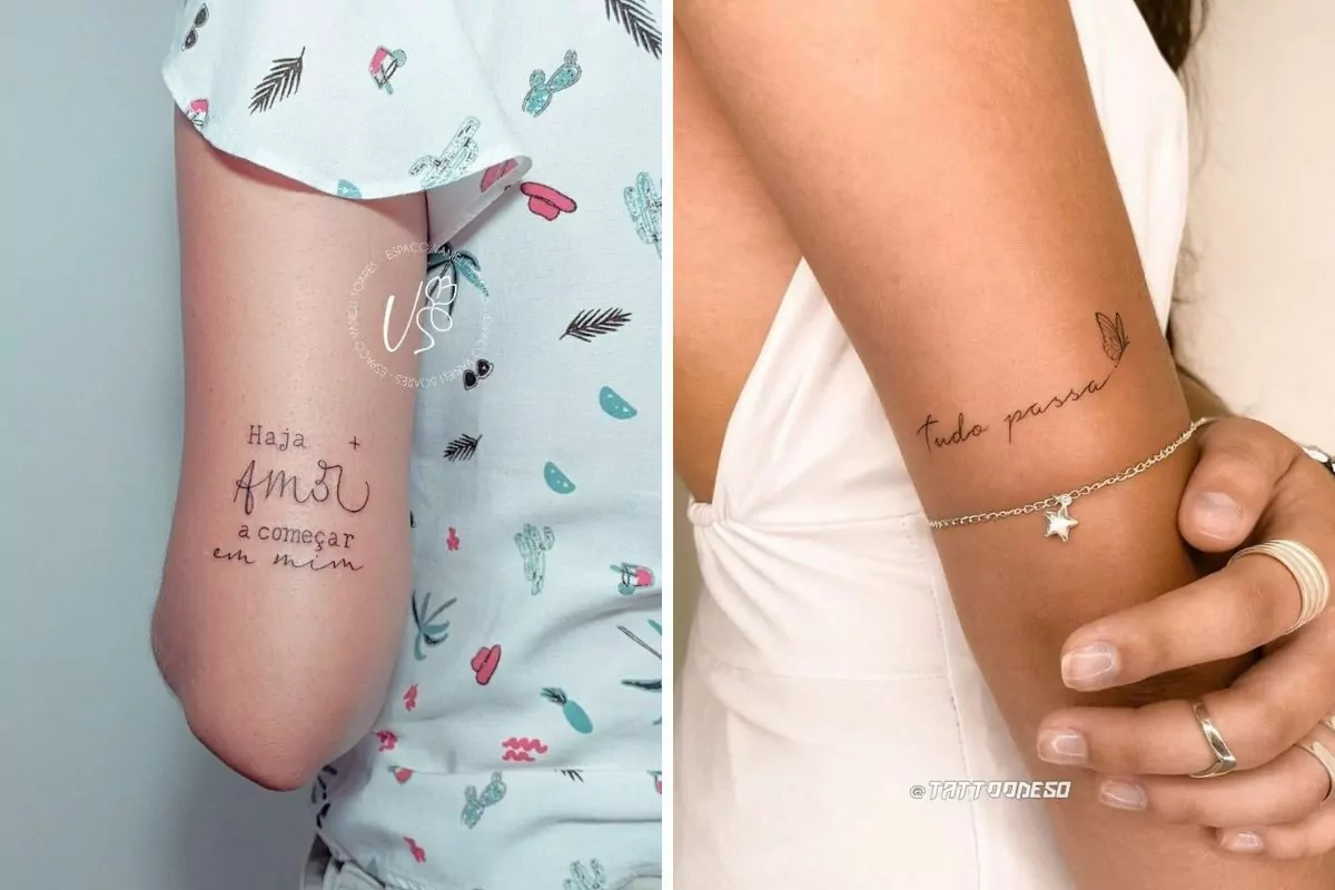 montagem de mulheres com tatuagens com frases