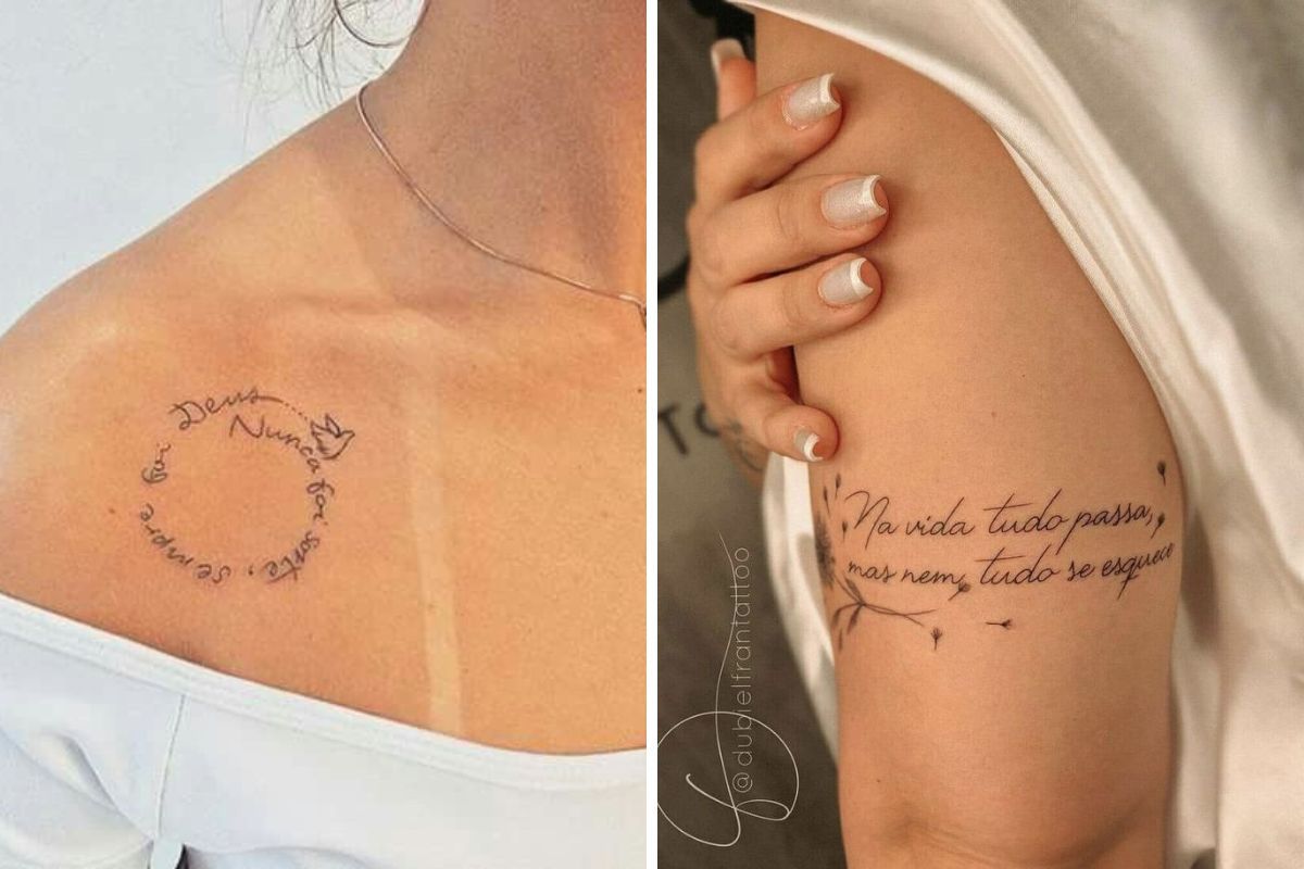 montagem de mulheres com tatuagem de frases