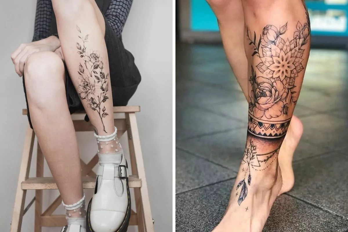 Montagem com imagem à esquerda de mulher com canela tatuada com flores e outra com rosas e sol Maya