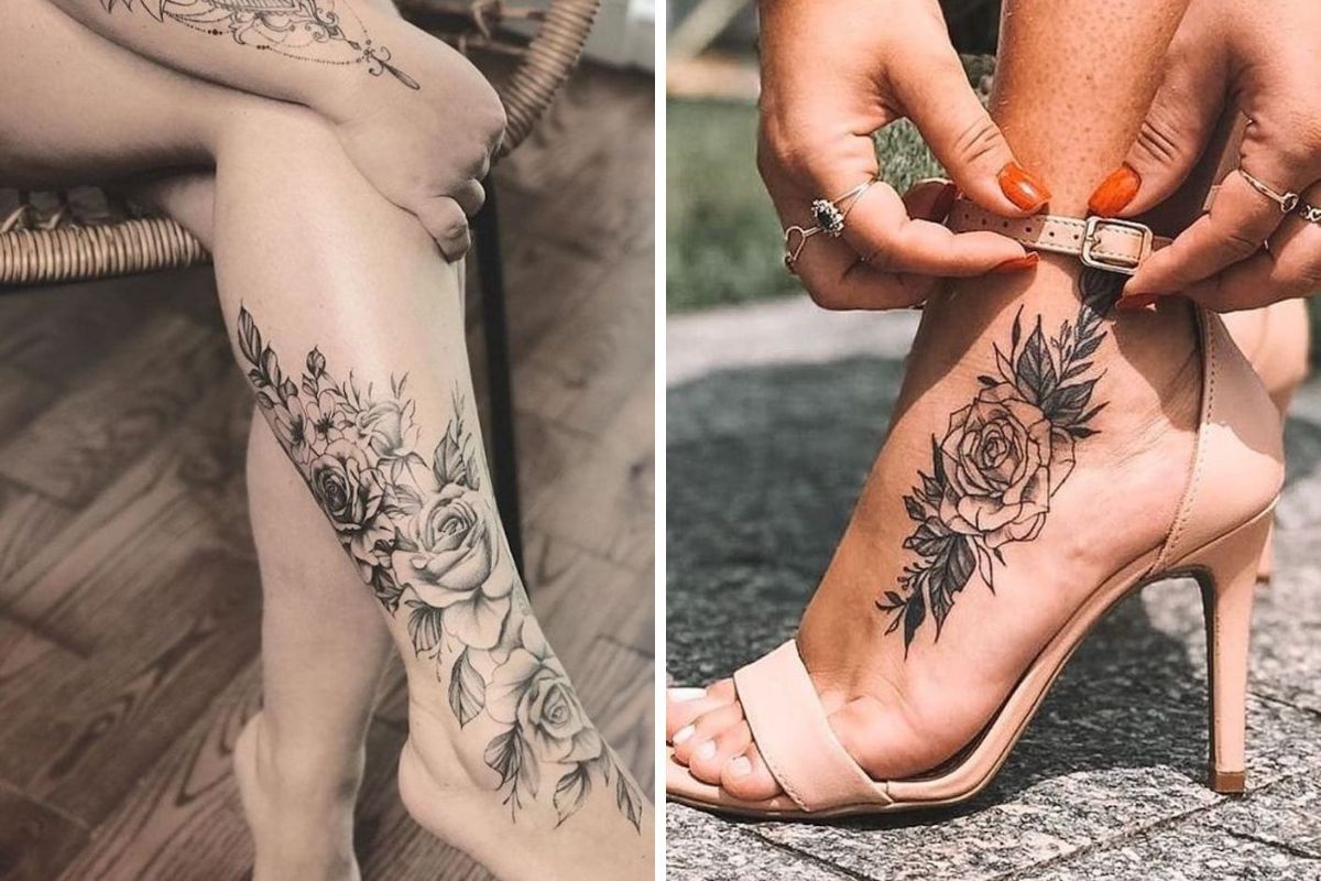 Montagem com imagens de mulheres com perna e tornozelo tatuados
