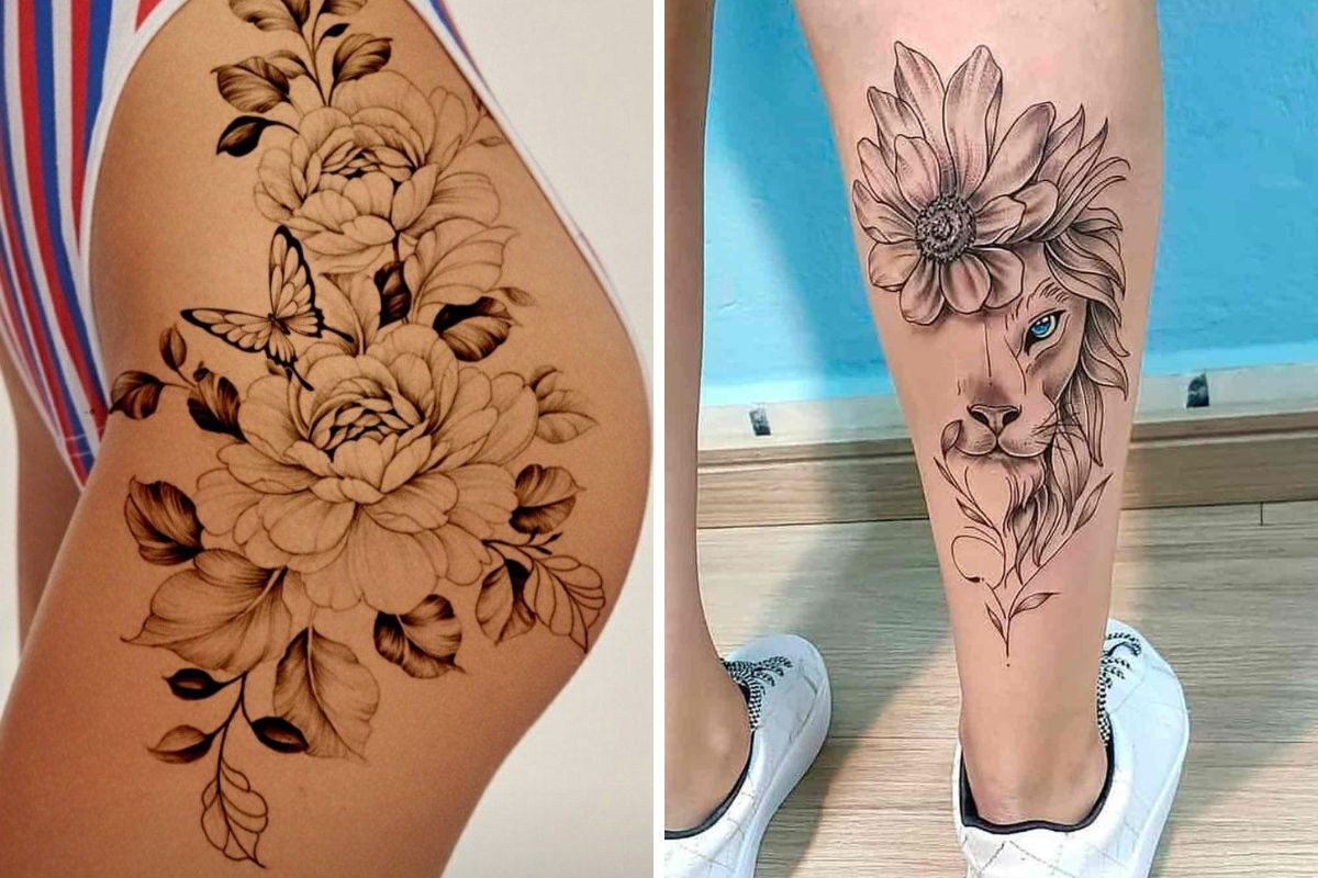 Montagem com imagem da esquerda que mostra mulher com quadril tatuado com rosas e panturrilha de outra à direita com leão