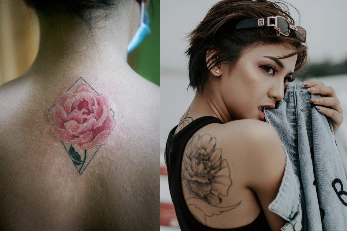 montagem de duas mulheres tatuadas. A primeira tem uma flor nas costas e, a segunda, uma nas costas, na altura do ombro