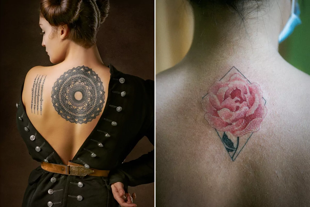 mulheres com tatuagens geométricas nas costas