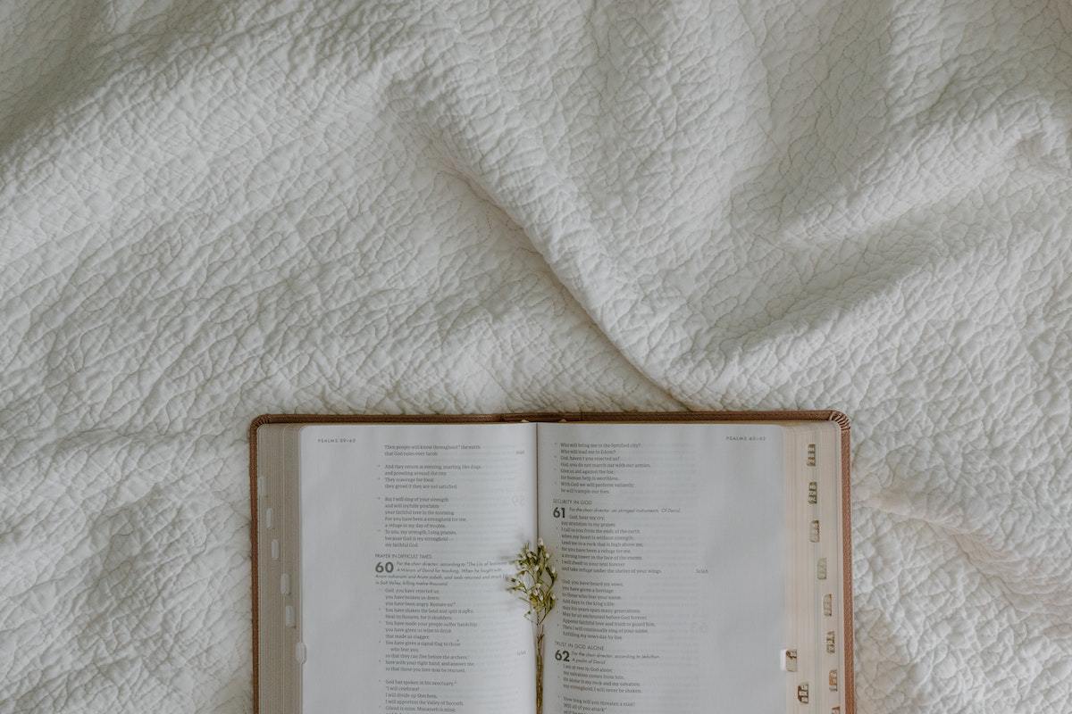 Bíblia com pequeno ramo de botões de flores brancas aberta sobre toalha decorada de mesa, aparentemente, também na cor branca