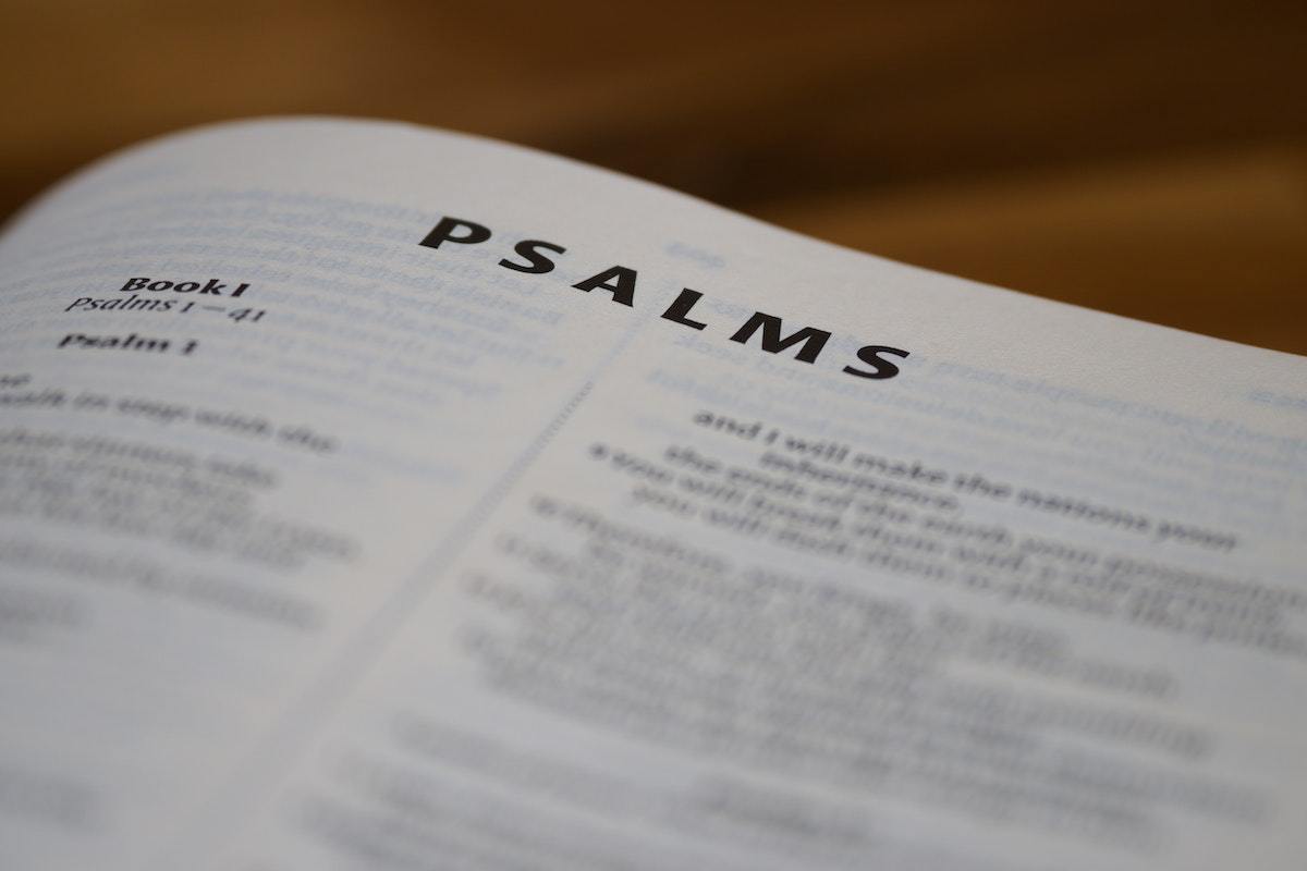 Livro sagrado cristão com página aberta no livro dos Salmos 1 escrito em inglês