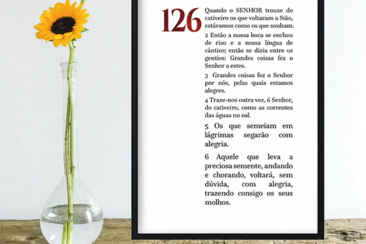Salmos 126: A imagem mostra um vaso com uma flor amarela e ao lado uma quadro escrito com o Salmos 126