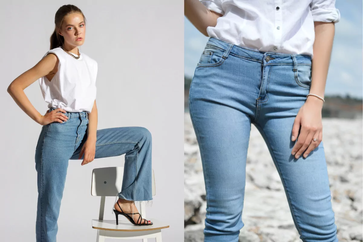 Jeans: Imagem apresenta uma mulher com uma calça diz e a outra imagem, mostra com mais detalhes essa mesma calça. 