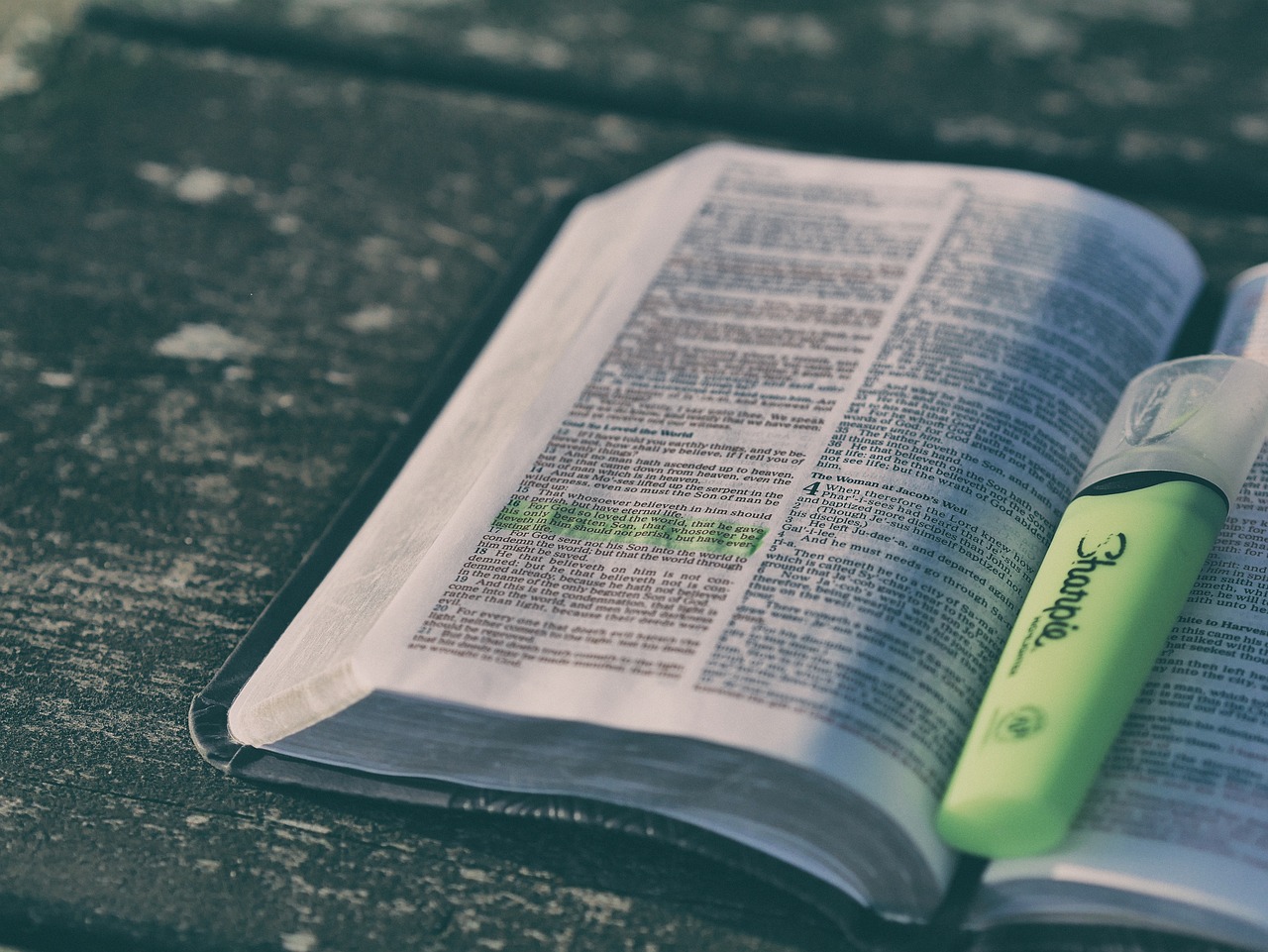 Salmos 30: A imagem mostra uma Bíblia aberta, marcada de verde por um marca texto. 