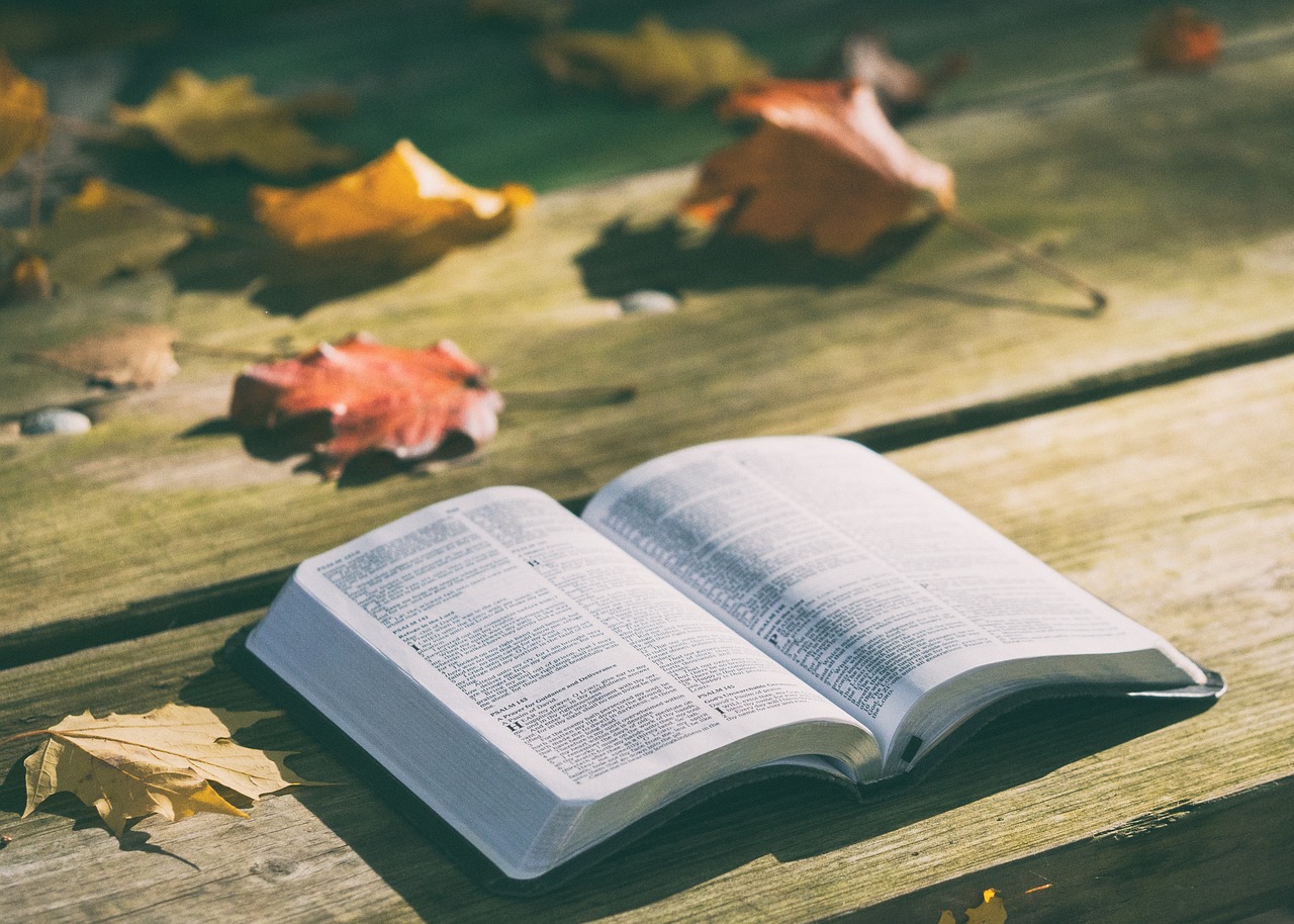 Salmos 30: A imagem mostra uma Bíblia sobre uma mesa de madeira com folhas secas ao seu redor.