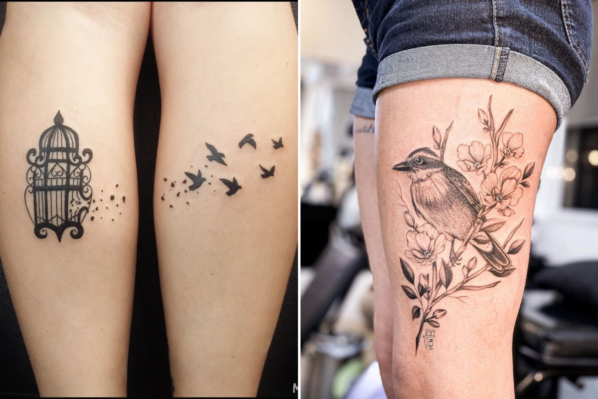 mulheres com tatuagens de pássaros nas pernas