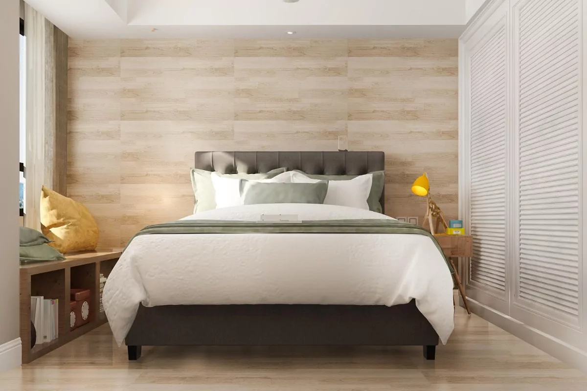 quarto decorado com papel de parede em tons de bege e marrom