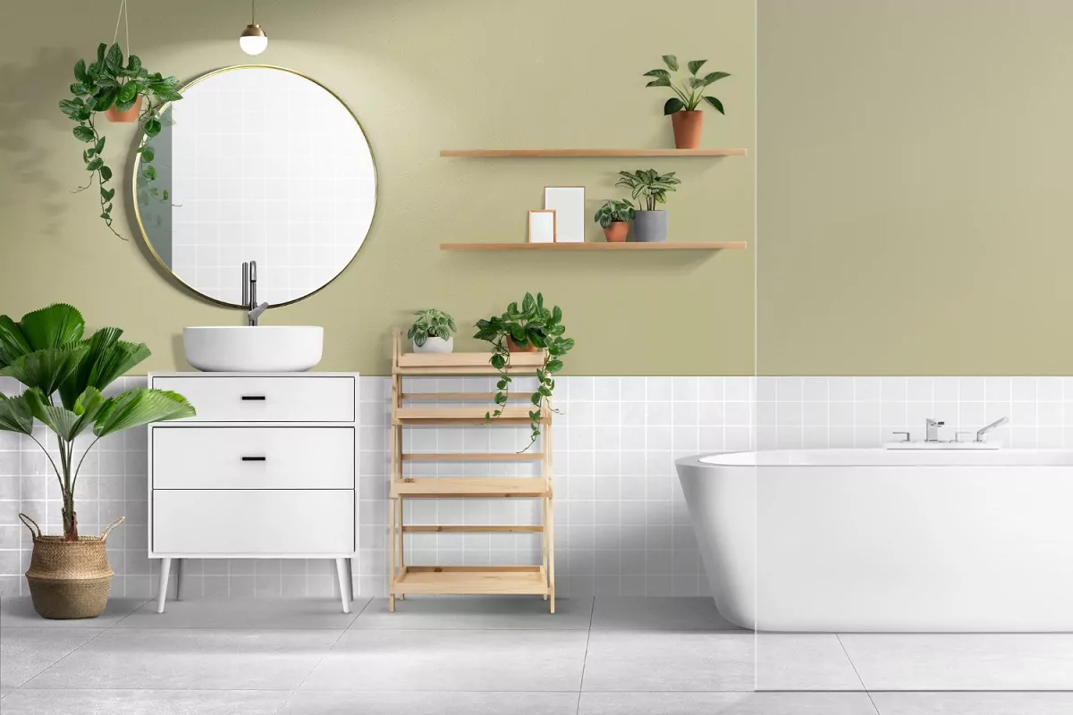 banheiro decorado com papel de parede em tons de verde