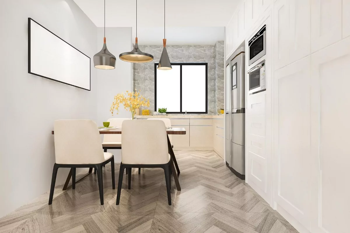 sala de jantar com decoração em tons de branco 