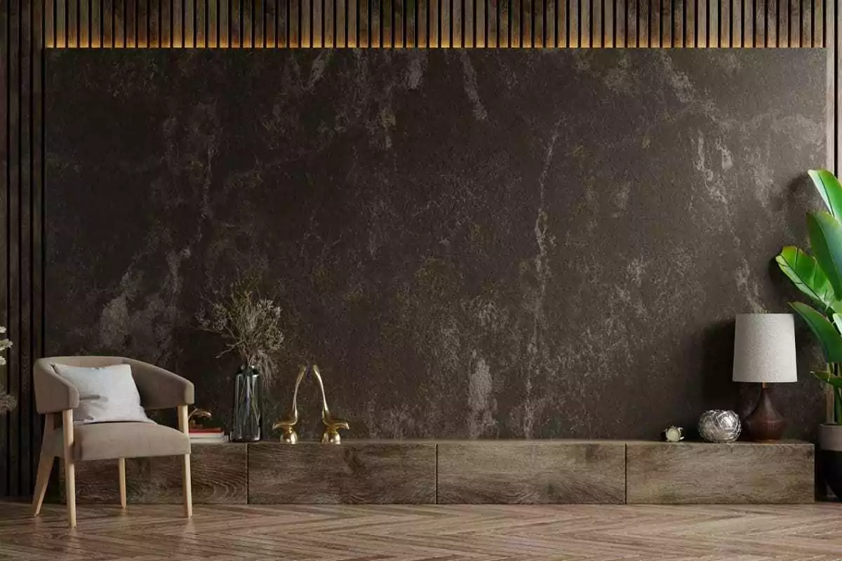 sala elegante, com papel de parede meio acinzentado